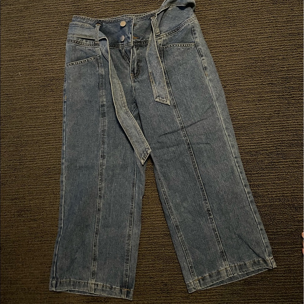Super cropped, refuge jean palazzo pants with tie